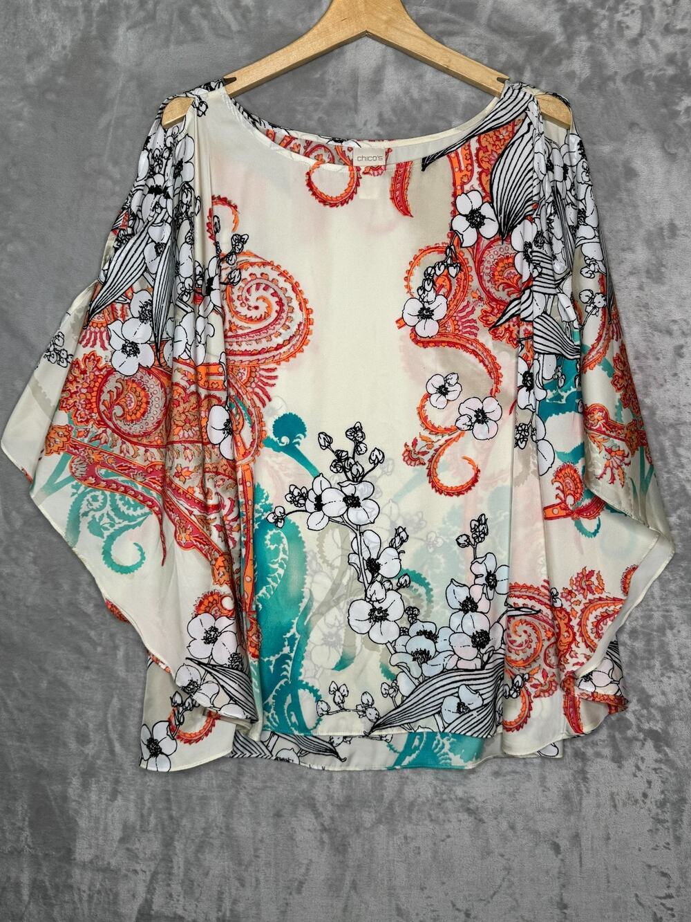 Chicos Top Womens L/XL Cream Orange Floral Boho Split Kimono Sleeve Satin Flowy